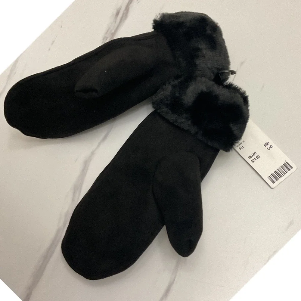 Urban Outfitters Black Faux Suede Mittens with Faux Fur Trim One Size NWT